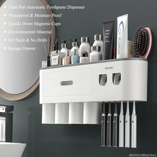 MENGNI-Magnetic Adsorption Inverted Toothbrush Holder Wall -Automatic Toothpaste Squeezer Storage Rack